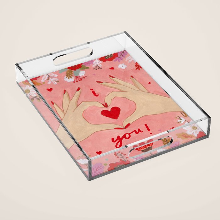 Women hands making love sign Acrylic Tray Gallery Image 1
