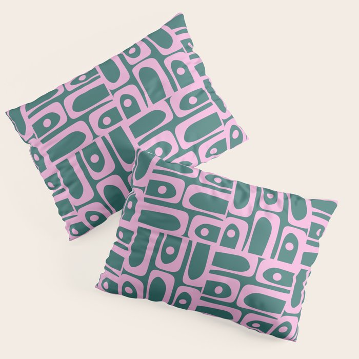 Mid Century Modern Piquet Abstract Multi Geometric Pattern in Teal Green and Pink Pillow Sham Gallery Image 3