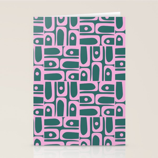 Mid Century Modern Piquet Abstract Multi Geometric Pattern in Teal Green and Pink Stationery Card Gallery Image 1