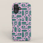 Mid Century Modern Piquet Abstract Multi Geometric Pattern in Teal Green and Pink iPhone Case Gallery Image 1