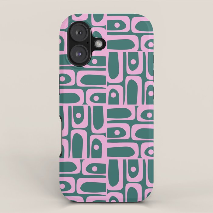 Mid Century Modern Piquet Abstract Multi Geometric Pattern in Teal Green and Pink iPhone Case Gallery Image 1