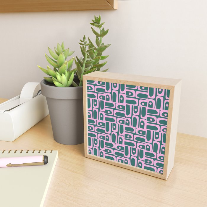 Mid Century Modern Piquet Abstract Multi Geometric Pattern in Teal Green and Pink Mini Art Print Gallery Image 2