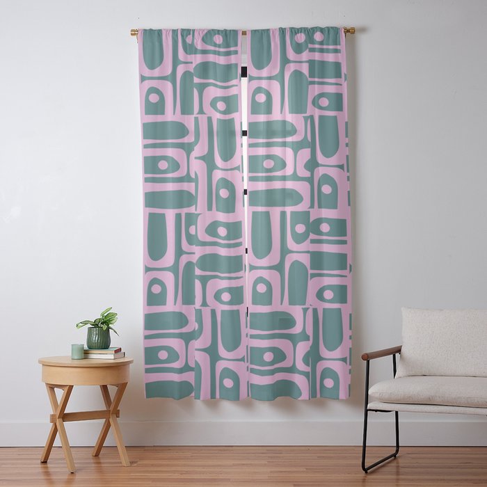 Mid Century Modern Piquet Abstract Multi Geometric Pattern in Teal Green and Pink Window Curtain Gallery Image 9