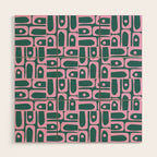 Mid Century Modern Piquet Abstract Multi Geometric Pattern in Teal Green and Pink Wood Wall Art Gallery Image 1
