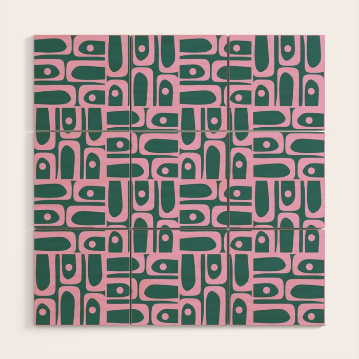 Mid Century Modern Piquet Abstract Multi Geometric Pattern in Teal Green and Pink Wood Wall Art Gallery Image 1