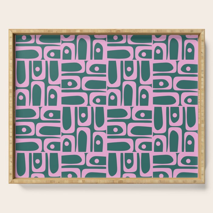Mid Century Modern Piquet Abstract Multi Geometric Pattern in Teal Green and Pink Serving Tray Gallery Image 1
