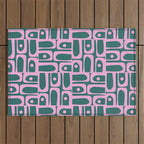 Mid Century Modern Piquet Abstract Multi Geometric Pattern in Teal Green and Pink Outdoor Rug Gallery Image 1
