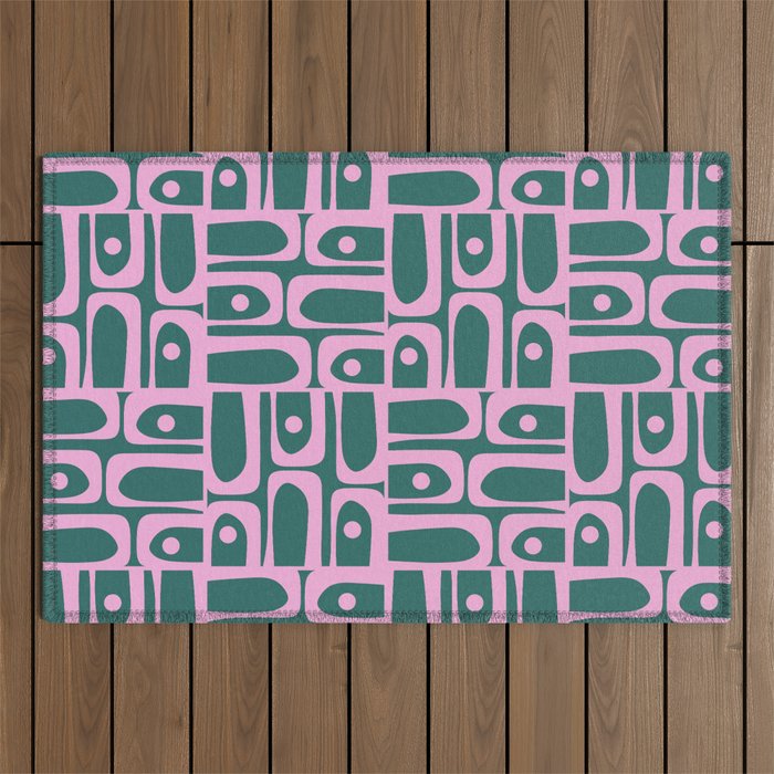 Mid Century Modern Piquet Abstract Multi Geometric Pattern in Teal Green and Pink Outdoor Rug Gallery Image 1