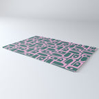 Mid Century Modern Piquet Abstract Multi Geometric Pattern in Teal Green and Pink Rug Gallery Image 3