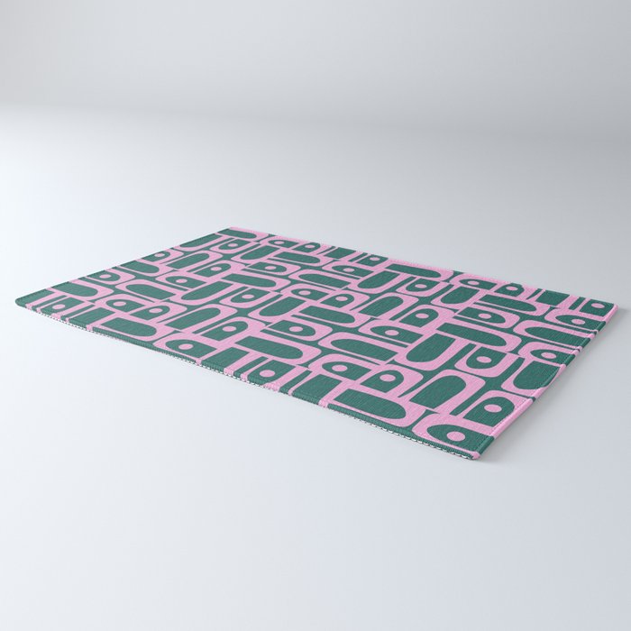 Mid Century Modern Piquet Abstract Multi Geometric Pattern in Teal Green and Pink Rug Gallery Image 3