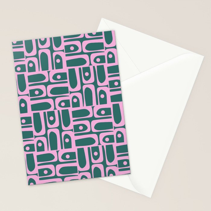 Mid Century Modern Piquet Abstract Multi Geometric Pattern in Teal Green and Pink Stationery Card Gallery Image 2