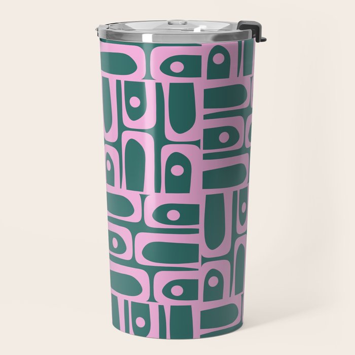 Mid Century Modern Piquet Abstract Multi Geometric Pattern in Teal Green and Pink Travel Mug Gallery Image 2