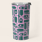 Mid Century Modern Piquet Abstract Multi Geometric Pattern in Teal Green and Pink Travel Mug Gallery Image 2