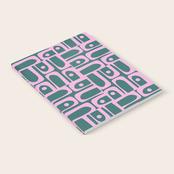Mid Century Modern Piquet Abstract Multi Geometric Pattern in Teal Green and Pink Notebook Gallery Image 2