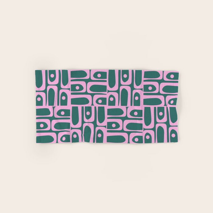 Mid Century Modern Piquet Abstract Multi Geometric Pattern in Teal Green and Pink Bath Towel Gallery Image 1