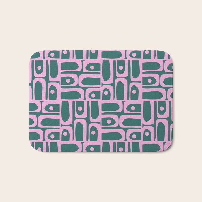 Mid Century Modern Piquet Abstract Multi Geometric Pattern in Teal Green and Pink Bath Mat Gallery Image 1