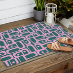 Mid Century Modern Piquet Abstract Multi Geometric Pattern in Teal Green and Pink Outdoor Rug Gallery Image 2