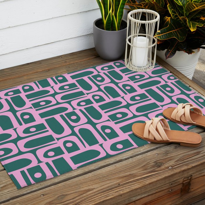 Mid Century Modern Piquet Abstract Multi Geometric Pattern in Teal Green and Pink Outdoor Rug Gallery Image 2