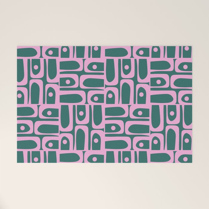 Mid Century Modern Piquet Abstract Multi Geometric Pattern in Teal Green and Pink Welcome Mat Gallery Image 1