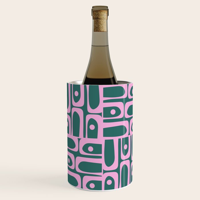 Mid Century Modern Piquet Abstract Multi Geometric Pattern in Teal Green and Pink Wine Chiller Gallery Image 2