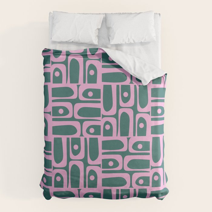 Mid Century Modern Piquet Abstract Multi Geometric Pattern in Teal Green and Pink Duvet Cover Gallery Image 6