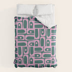 Mid Century Modern Piquet Abstract Multi Geometric Pattern in Teal Green and Pink Duvet Cover Gallery Image 6