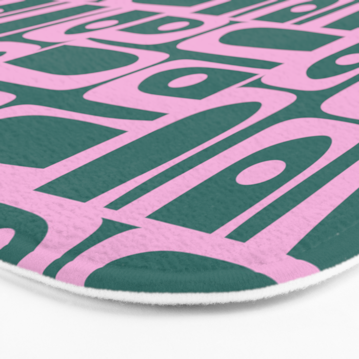 Mid Century Modern Piquet Abstract Multi Geometric Pattern in Teal Green and Pink Bath Mat Gallery Image 3