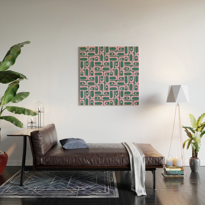 Mid Century Modern Piquet Abstract Multi Geometric Pattern in Teal Green and Pink Wood Wall Art Gallery Image 2