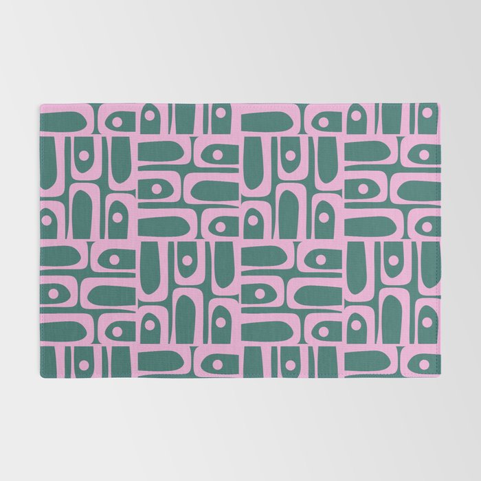 Mid Century Modern Piquet Abstract Multi Geometric Pattern in Teal Green and Pink Rug Gallery Image 2