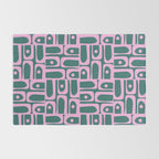 Mid Century Modern Piquet Abstract Multi Geometric Pattern in Teal Green and Pink Rug Gallery Image 2