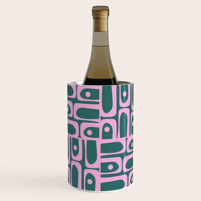 Mid Century Modern Piquet Abstract Multi Geometric Pattern in Teal Green and Pink Wine Chiller Gallery Image 1