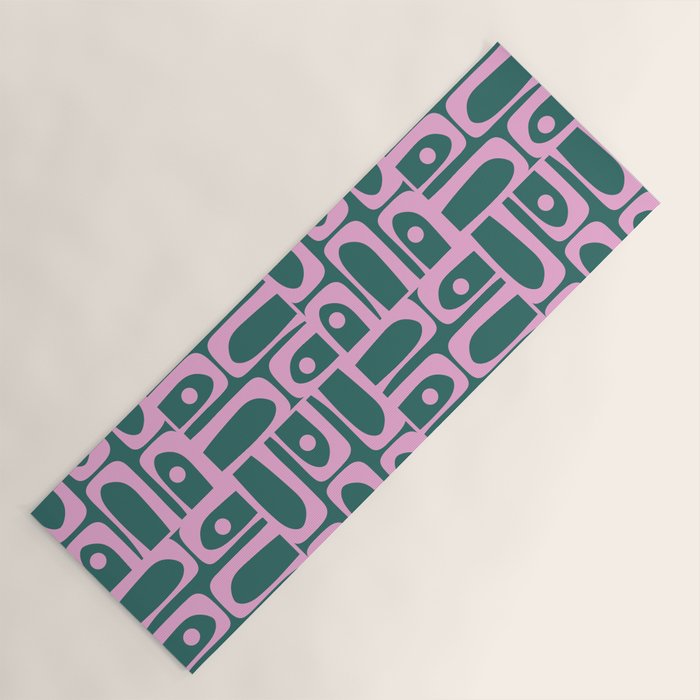 Mid Century Modern Piquet Abstract Multi Geometric Pattern in Teal Green and Pink Yoga Mat Gallery Image 1