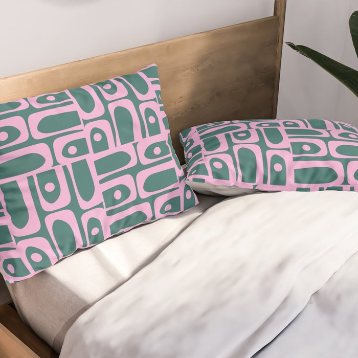 Mid Century Modern Piquet Abstract Multi Geometric Pattern in Teal Green and Pink Pillow Sham Gallery Image 2