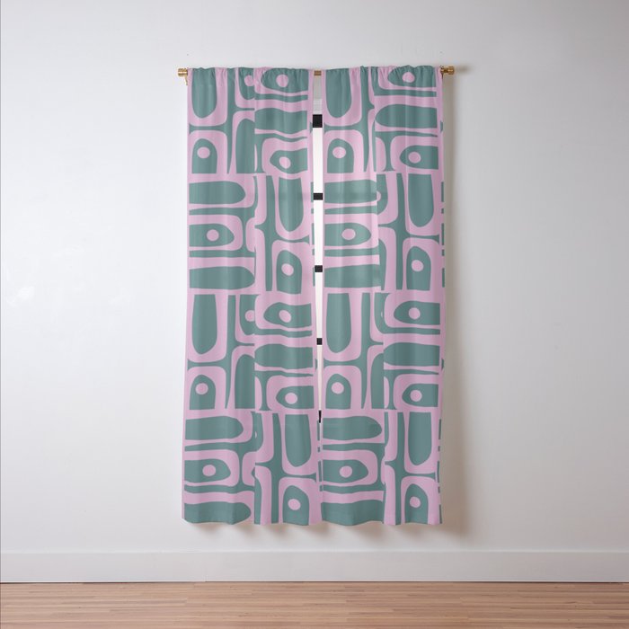 Mid Century Modern Piquet Abstract Multi Geometric Pattern in Teal Green and Pink Window Curtain Gallery Image 2
