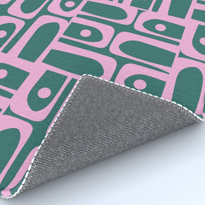 Mid Century Modern Piquet Abstract Multi Geometric Pattern in Teal Green and Pink Rug Gallery Image 4