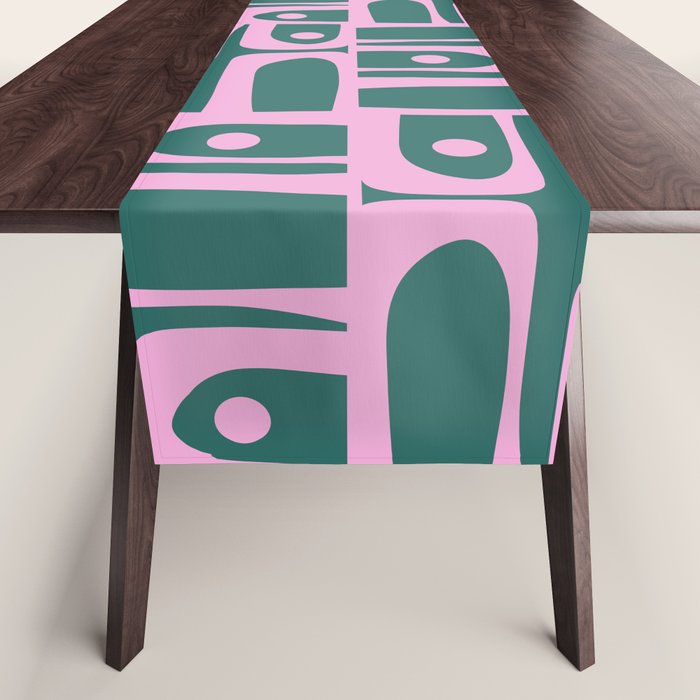 Mid Century Modern Piquet Abstract Multi Geometric Pattern in Teal Green and Pink Table Runner Gallery Image 1