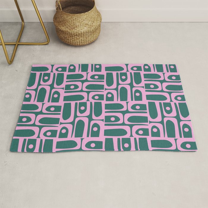 Mid Century Modern Piquet Abstract Multi Geometric Pattern in Teal Green and Pink Rug Gallery Image 1