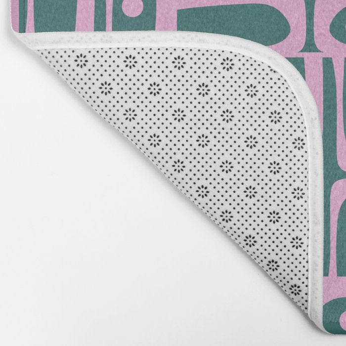 Mid Century Modern Piquet Abstract Multi Geometric Pattern in Teal Green and Pink Bath Mat Gallery Image 2