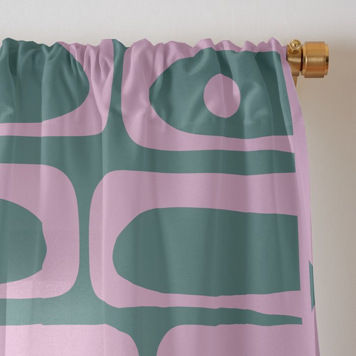 Mid Century Modern Piquet Abstract Multi Geometric Pattern in Teal Green and Pink Window Curtain Gallery Image 3