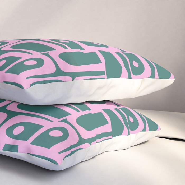 Mid Century Modern Piquet Abstract Multi Geometric Pattern in Teal Green and Pink Pillow Sham Gallery Image 3