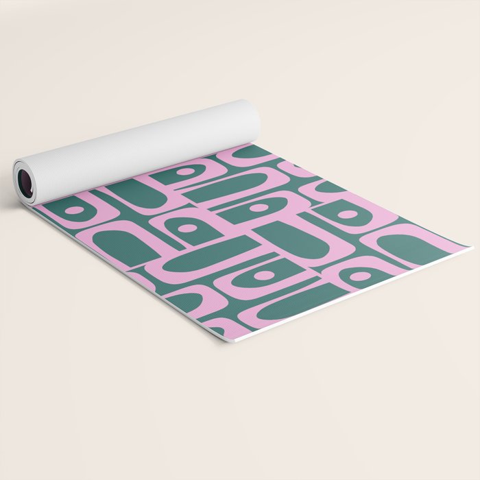 Mid Century Modern Piquet Abstract Multi Geometric Pattern in Teal Green and Pink Yoga Mat Gallery Image 2
