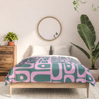 Mid Century Modern Piquet Abstract Multi Geometric Pattern in Teal Green and Pink Comforter Gallery Image 3