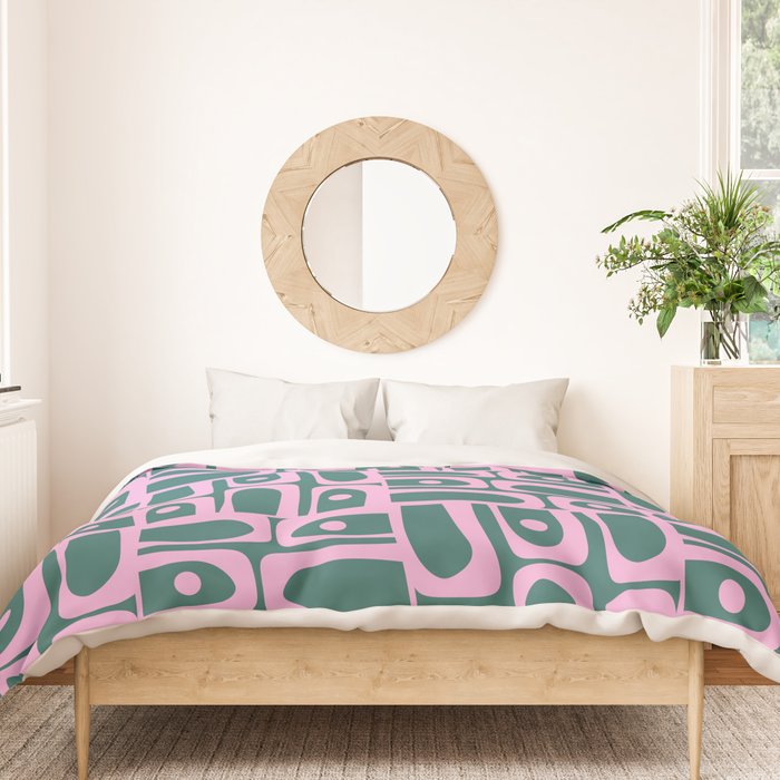 Mid Century Modern Piquet Abstract Multi Geometric Pattern in Teal Green and Pink Duvet Cover Gallery Image 3