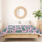 Mid Century Modern Piquet Abstract Multi Geometric Pattern in Teal Green and Pink Duvet Cover Gallery Image 3