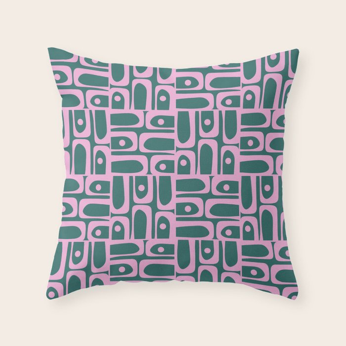 Mid Century Modern Piquet Abstract Multi Geometric Pattern in Teal Green and Pink Throw Pillow Gallery Image 1