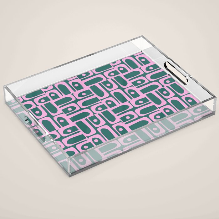 Mid Century Modern Piquet Abstract Multi Geometric Pattern in Teal Green and Pink Acrylic Tray Gallery Image 1