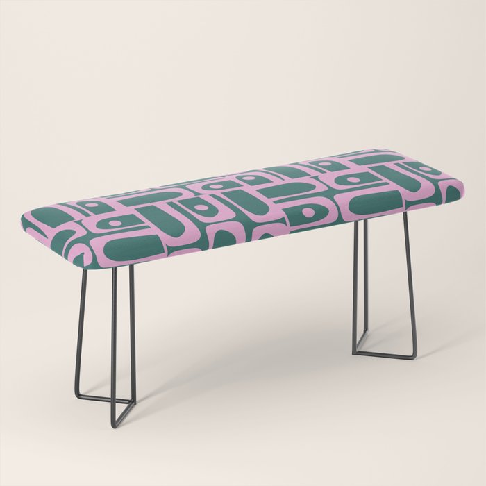 Mid Century Modern Piquet Abstract Multi Geometric Pattern in Teal Green and Pink Bench Gallery Image 1
