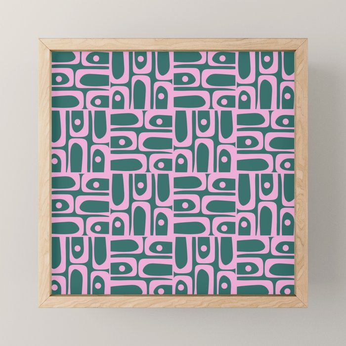 Mid Century Modern Piquet Abstract Multi Geometric Pattern in Teal Green and Pink Mini Art Print Gallery Image 1
