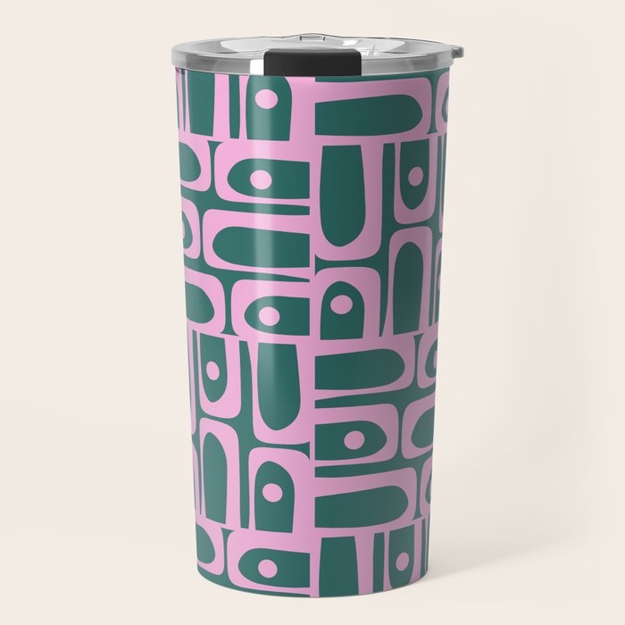 Mid Century Modern Piquet Abstract Multi Geometric Pattern in Teal Green and Pink Travel Mug Gallery Image 1