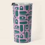 Mid Century Modern Piquet Abstract Multi Geometric Pattern in Teal Green and Pink Travel Mug Gallery Image 3